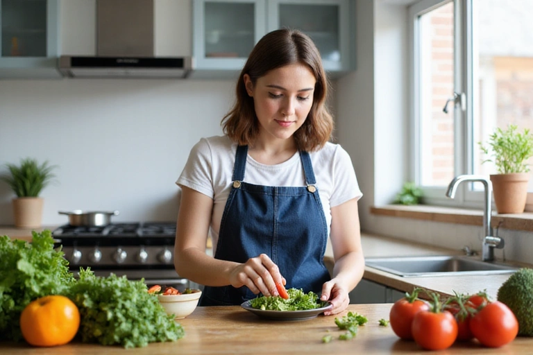 Mladá žena připravující zdravý salát v moderní kuchyni