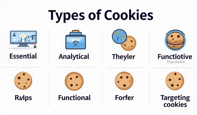 Grafické znázornění různých typů souborů cookie, s ikonami pro nezbytné, analytické, funkční a cílené.