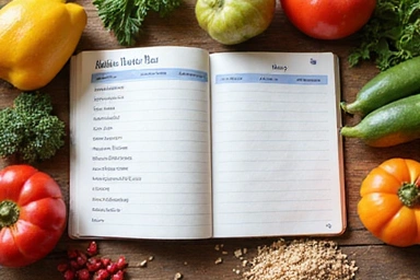 Otevřená kniha s výživovým plánem a zdravými ingrediencemi