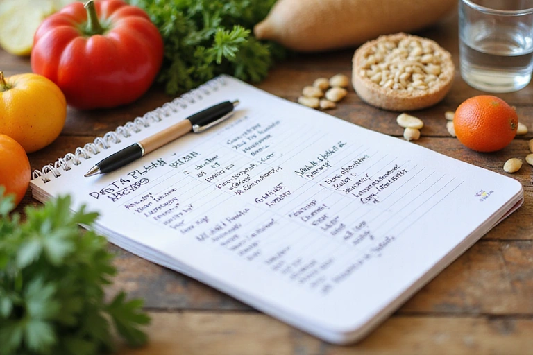 Detailní pohled na plánování zdravého jídla s barevnými ingrediencemi a notebookem