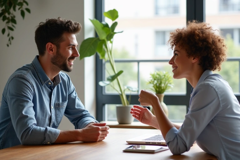 Dvě osoby diskutují u stolu, jedna píše poznámky, symbolizující první nutriční konzultaci.